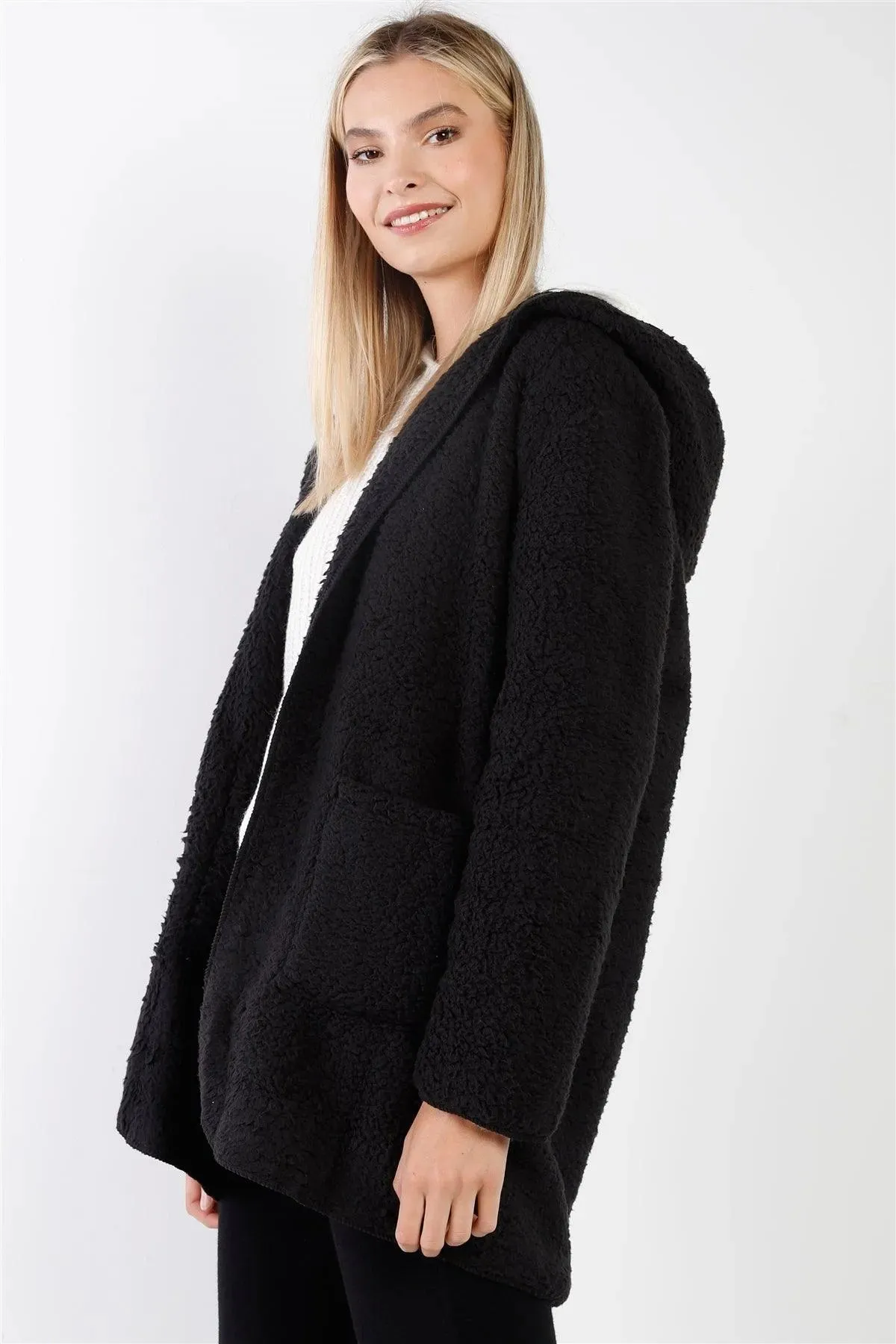 Black Oversized Fluffy Hooded Teddy Coat /1-2-2-1