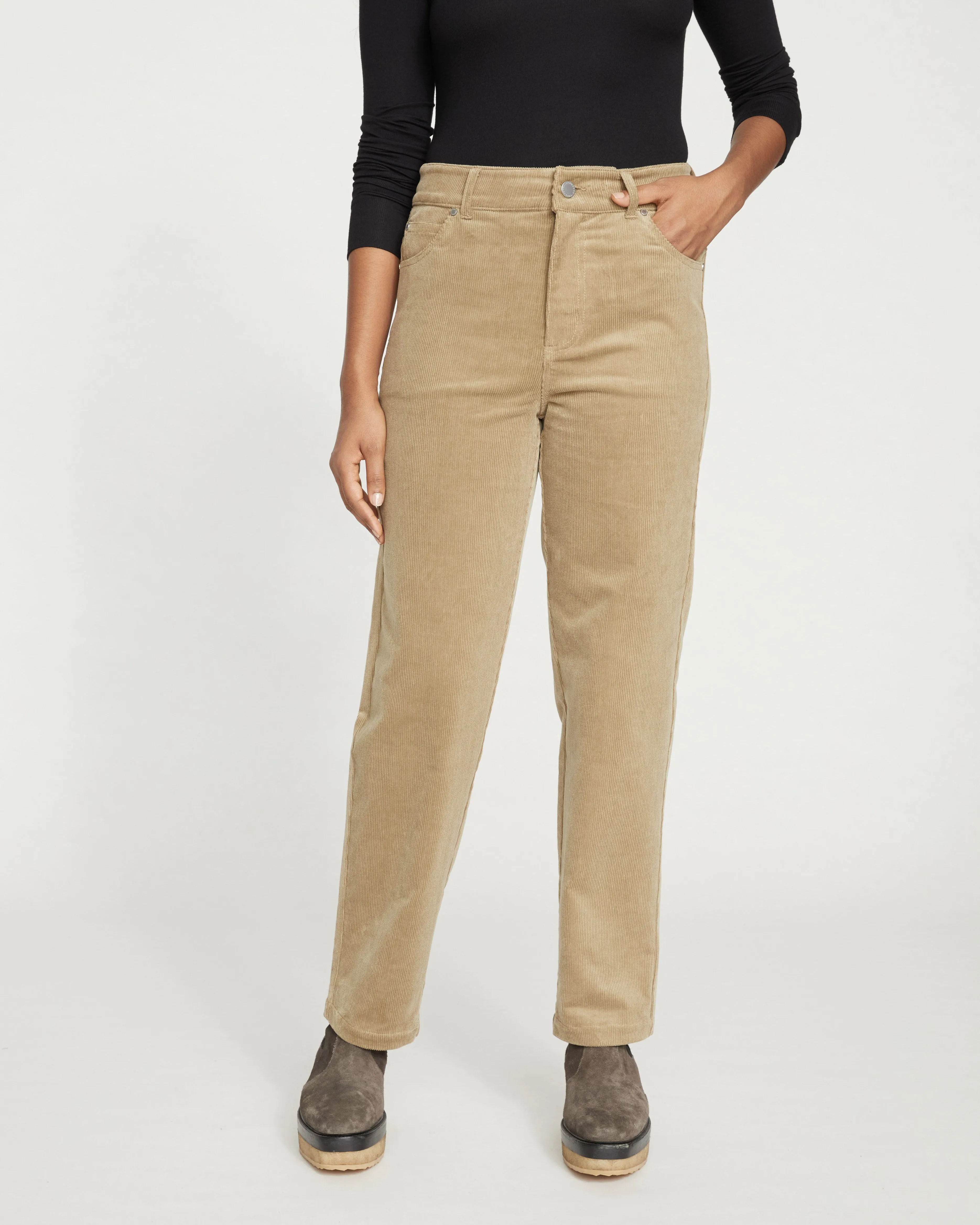 Cassidy High Rise Straight Corduroy Pants - Khaki