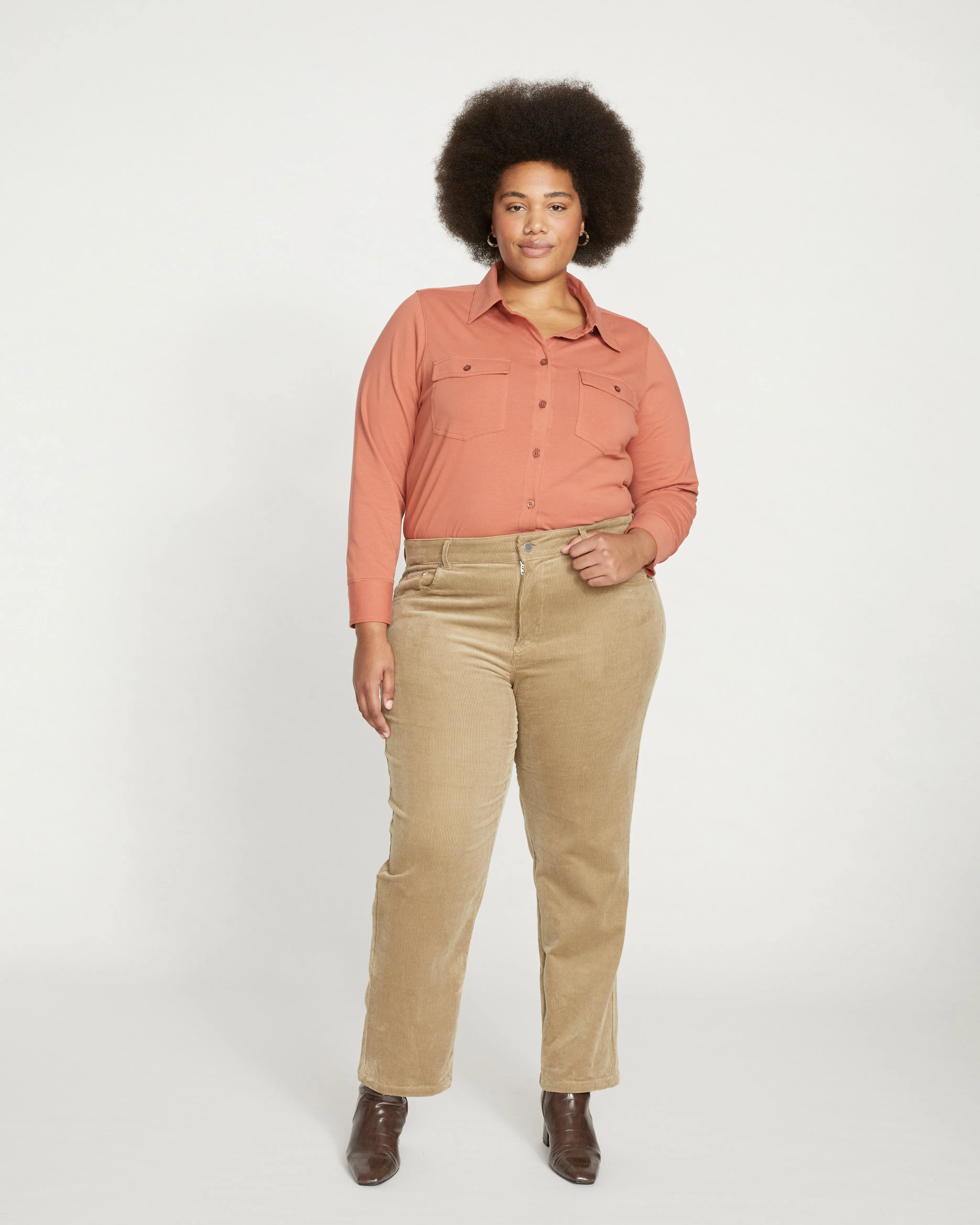 Cassidy High Rise Straight Corduroy Pants - Khaki