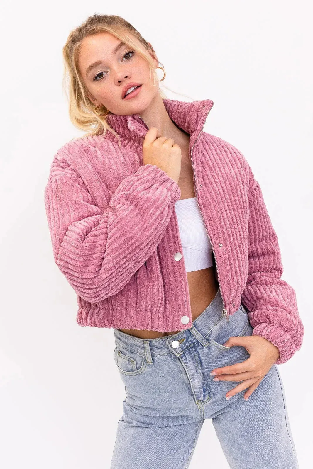 Cropped Corduroy High Collar Puffer Jacket