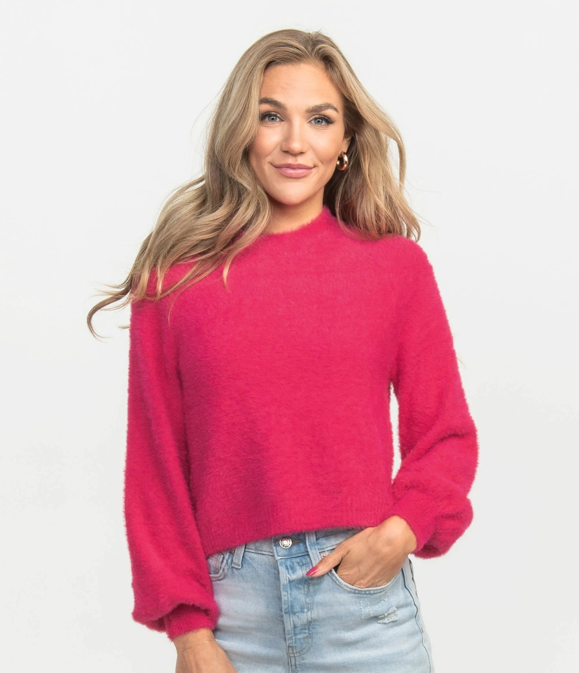 Cropped Feather Knit Sweater - Elle Pink