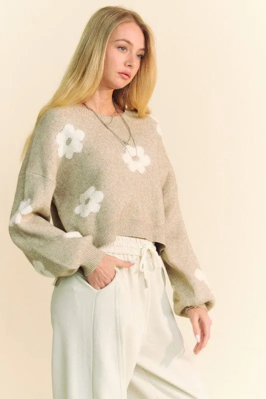 Davi & Dani Floral Drop Shoulder Cropped Sweater