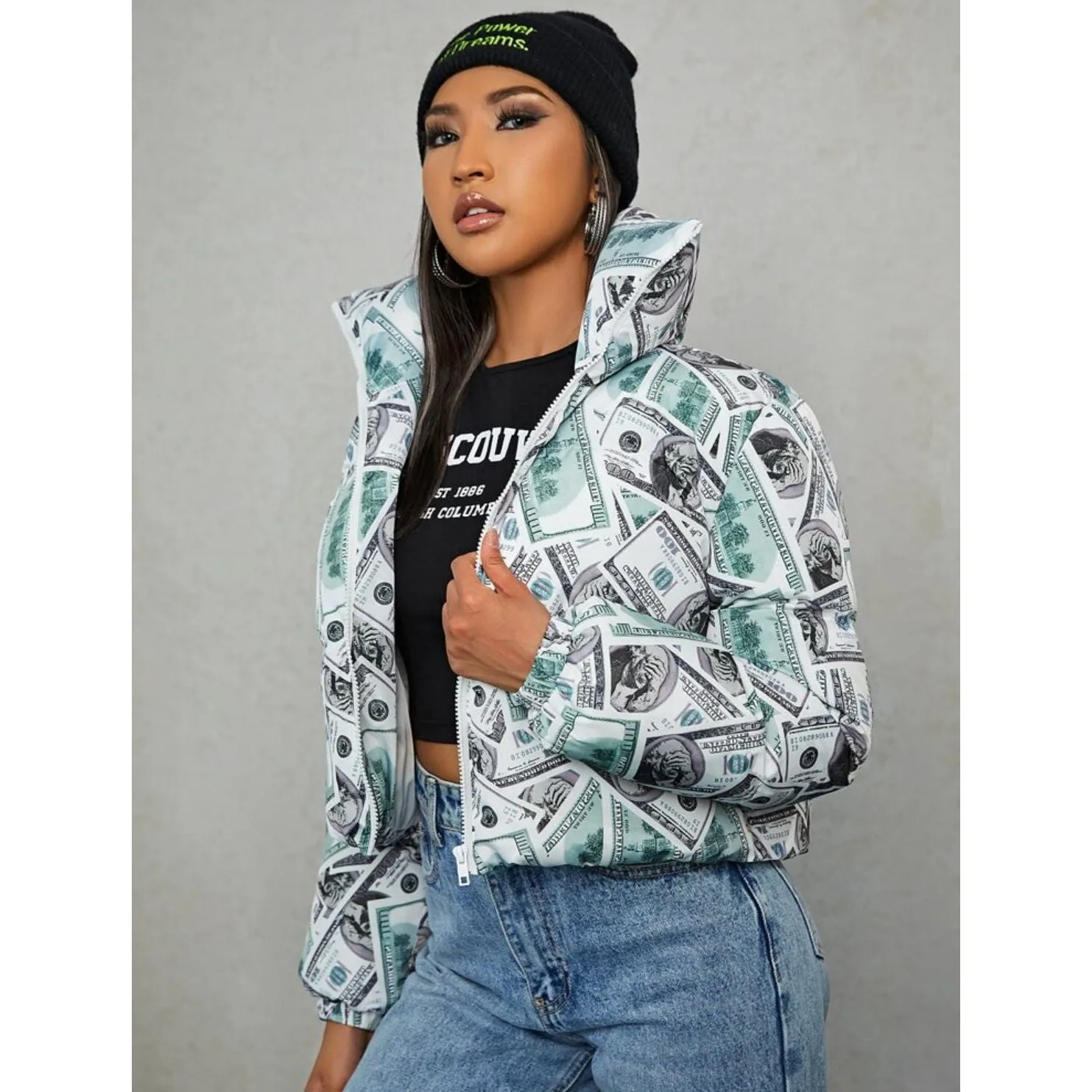 Dollar Print Zip Up Puffer Coat