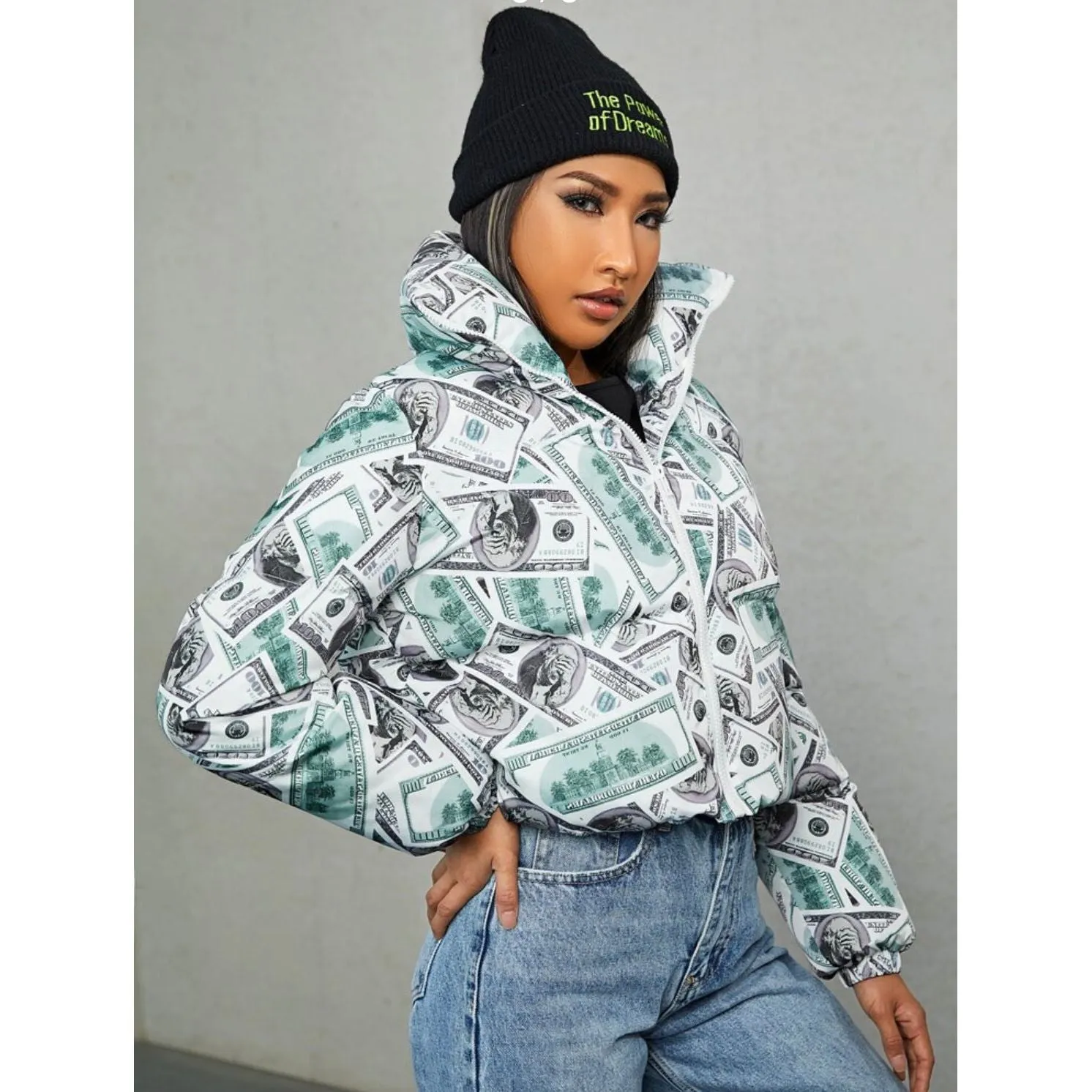 Dollar Print Zip Up Puffer Coat