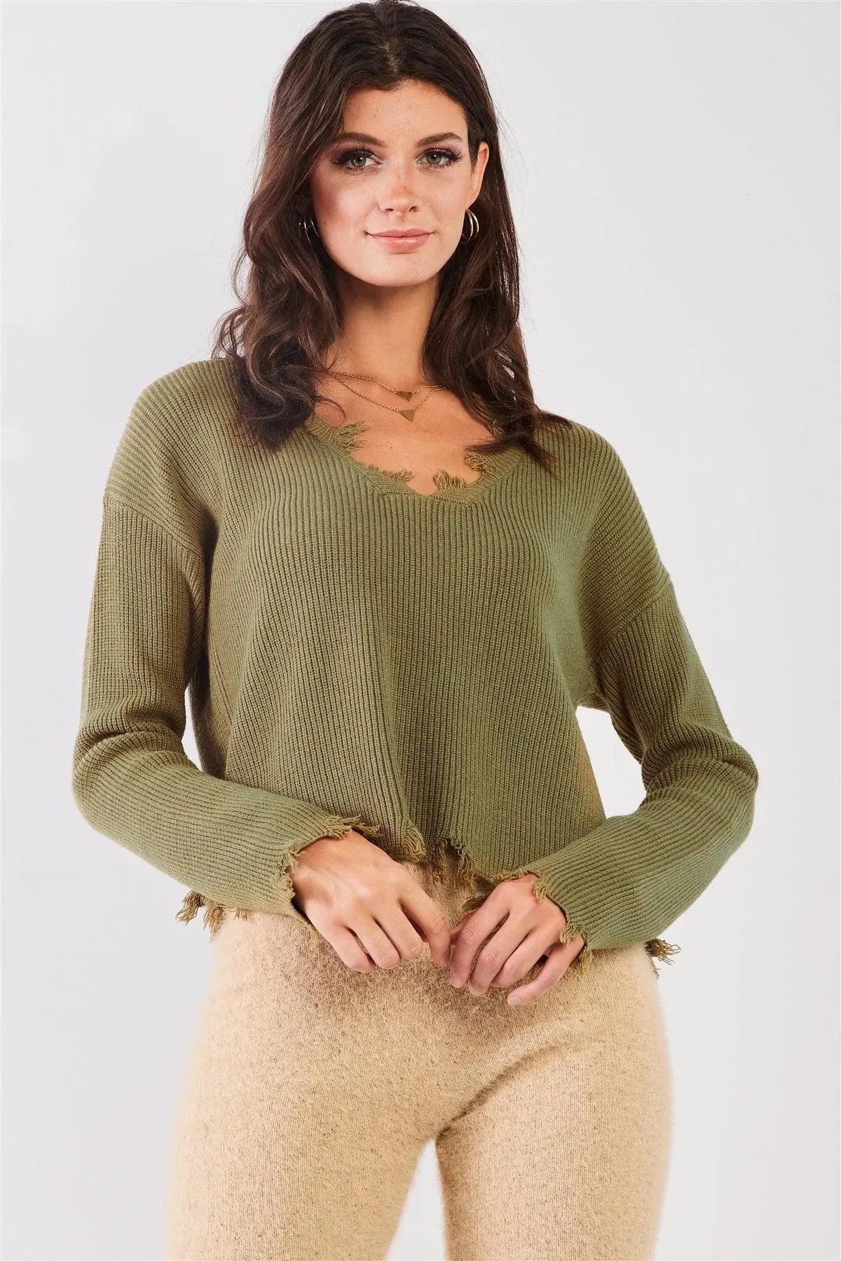 Fern Green Knit Drop Shoulder Long Sleeve V-Neck Distressed Fringe Hem Crop Sweater /3-2-1