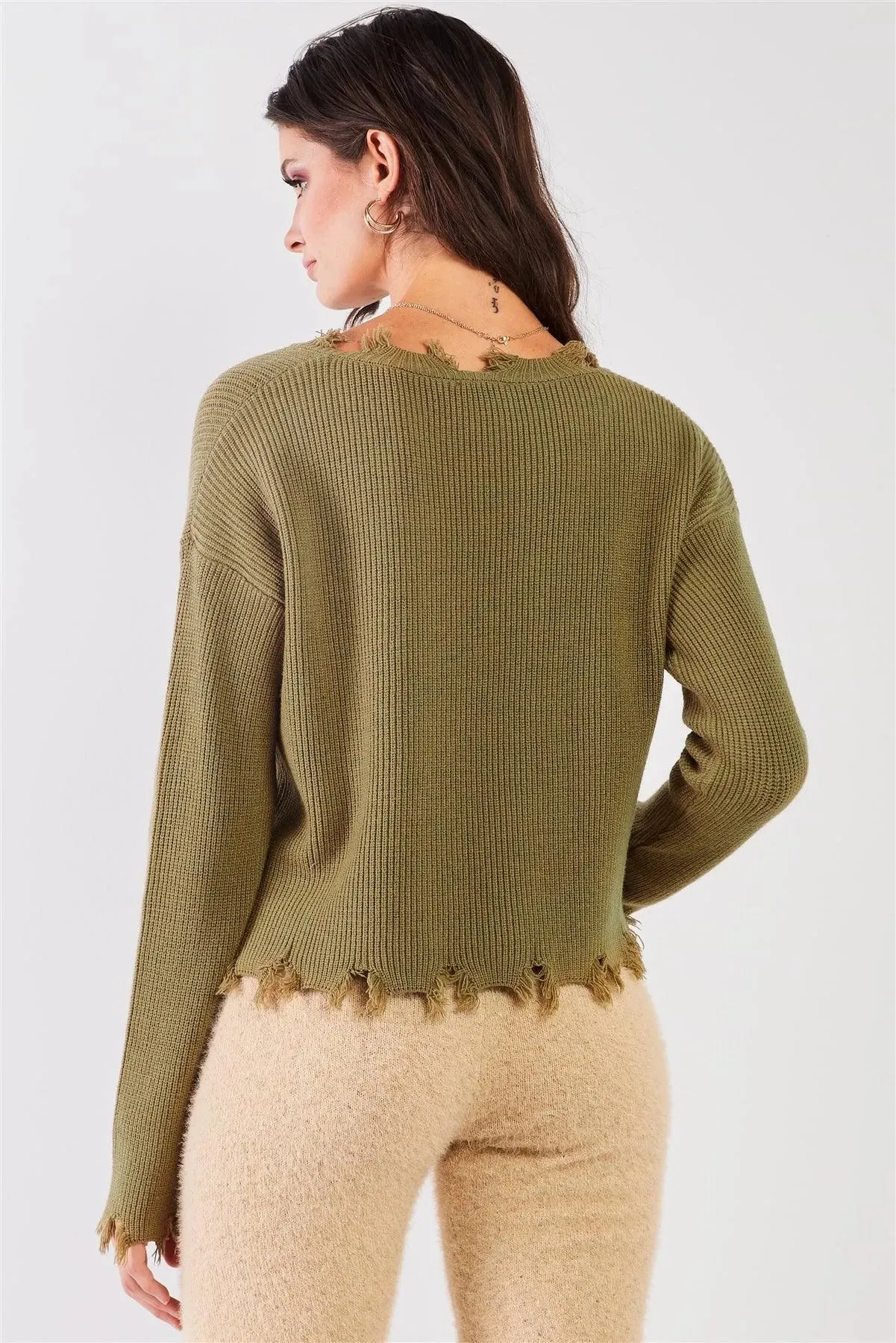 Fern Green Knit Drop Shoulder Long Sleeve V-Neck Distressed Fringe Hem Crop Sweater /3-2-1