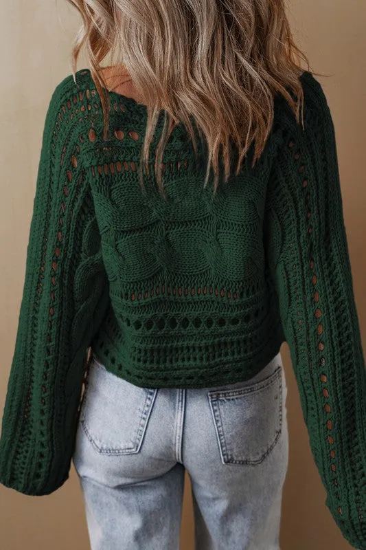 Gray Hollow-out Cable Knit Cropped Sweater