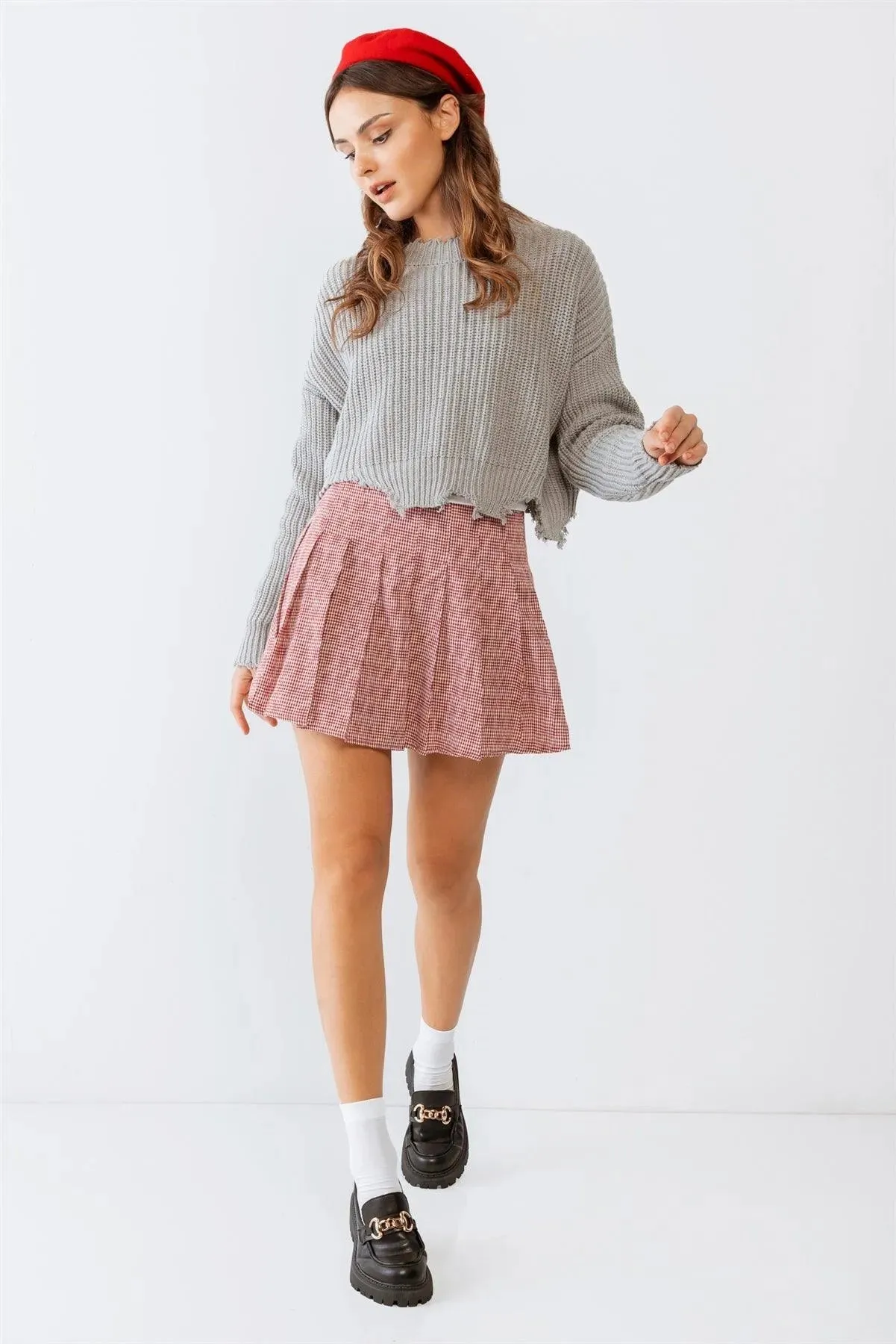 Grey Knit Torn Edge Long Sleeve Crop Sweater /2-2-1