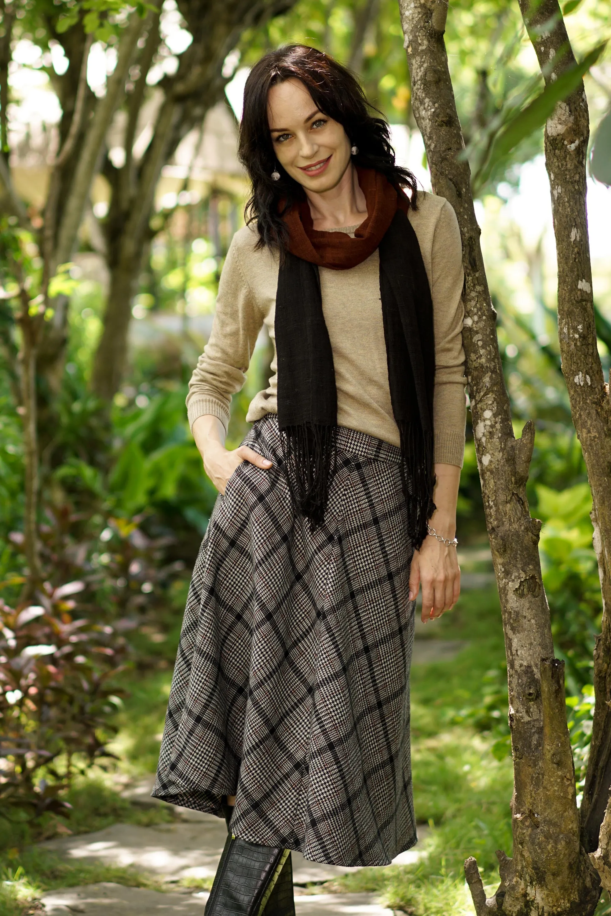 Hand Crafted Wool Blend Houndstooth Skirt - Jaipur Chic in Houndstooth | NOVICA