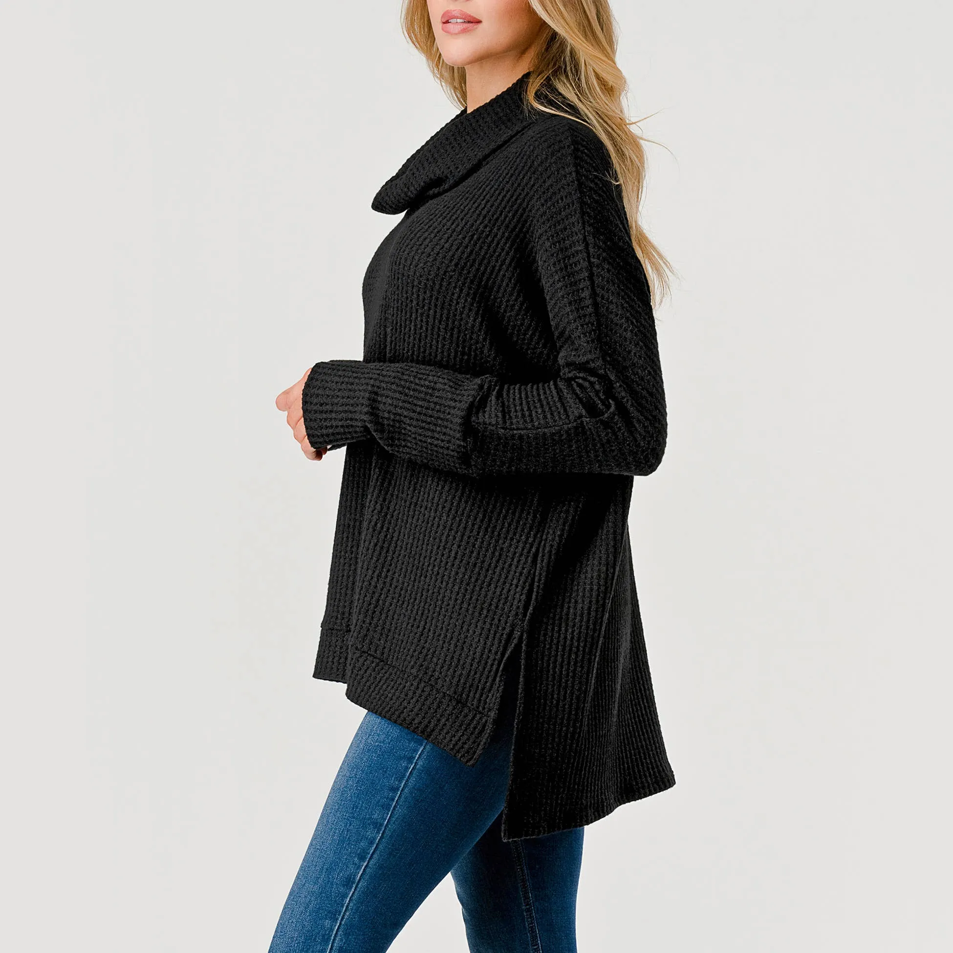 Heimious Waffle Knit Cowl Neck Sweater | Black