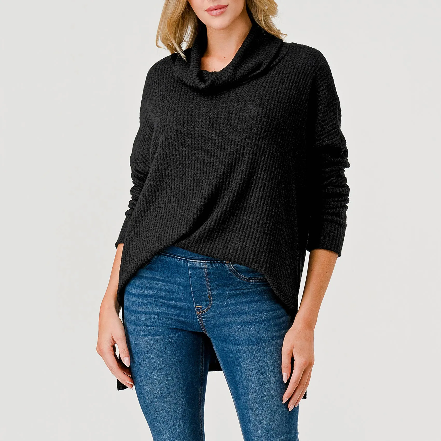 Heimious Waffle Knit Cowl Neck Sweater | Black