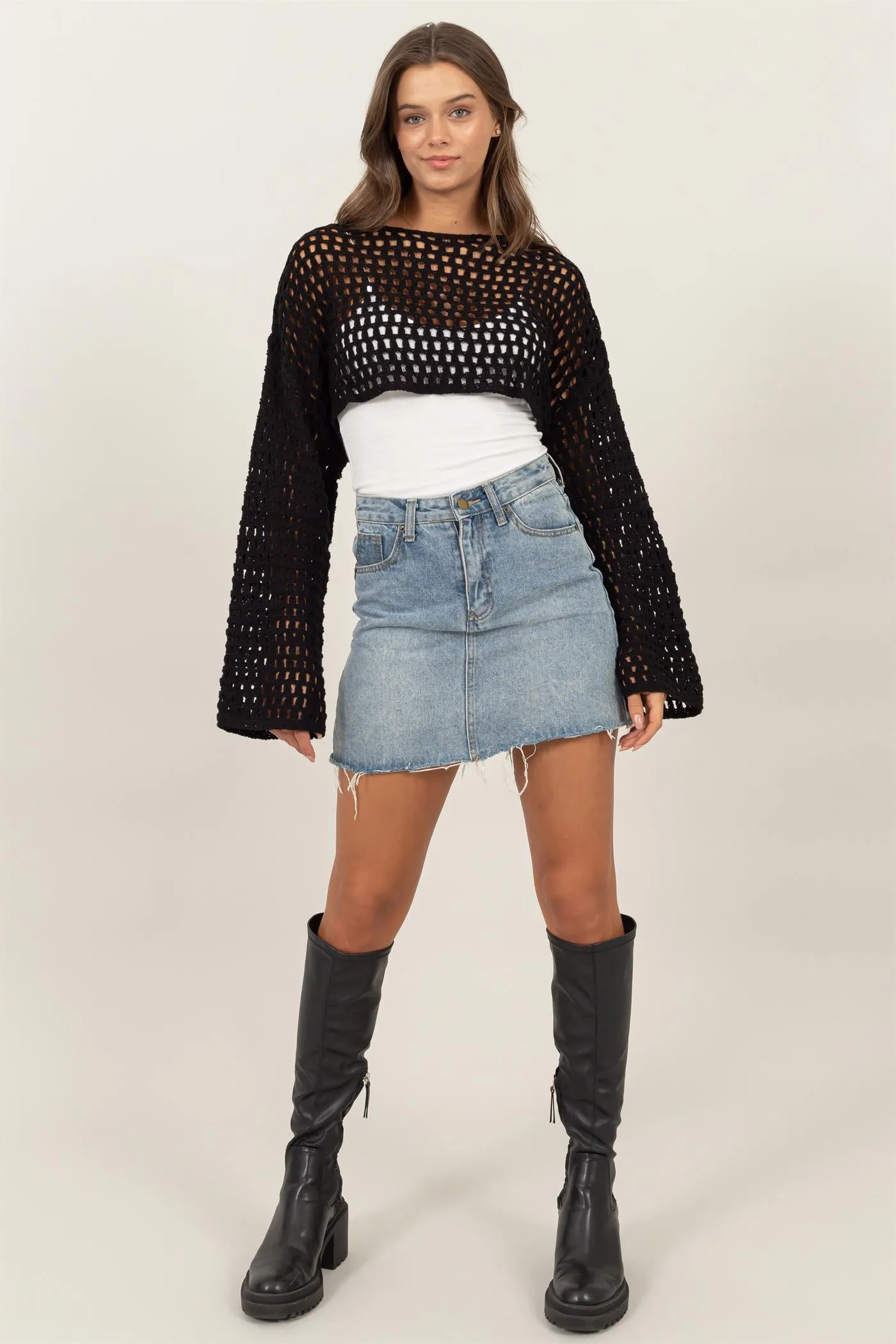 HF24F068-OPEN STITCH CROPPED SWEATER