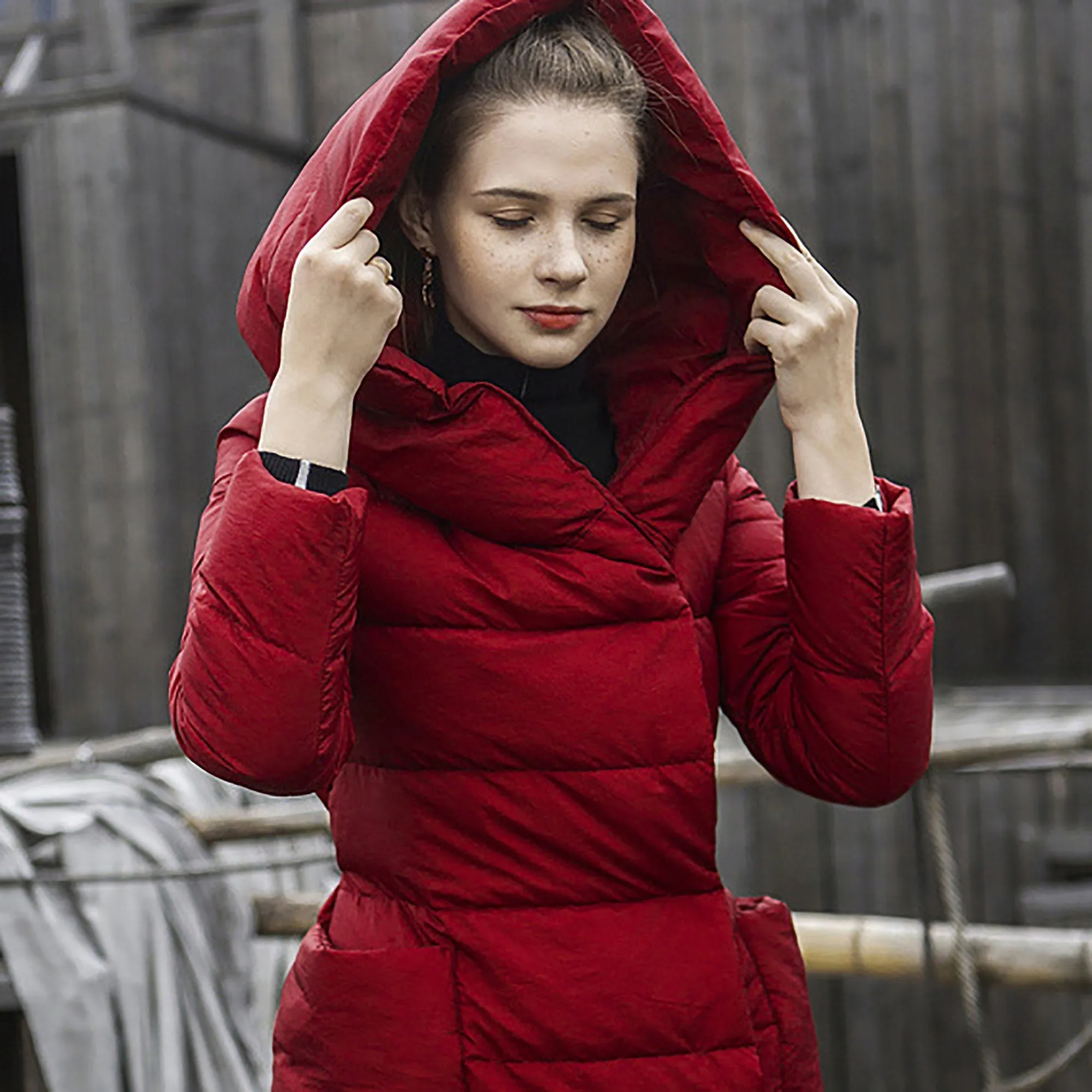 Hooded Belted Wrap Long Down Puffer Coat