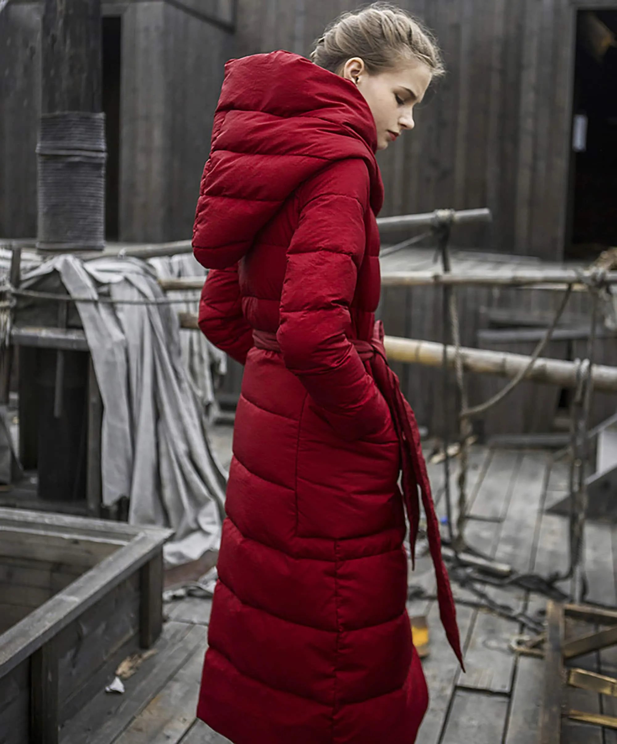 Hooded Belted Wrap Long Down Puffer Coat