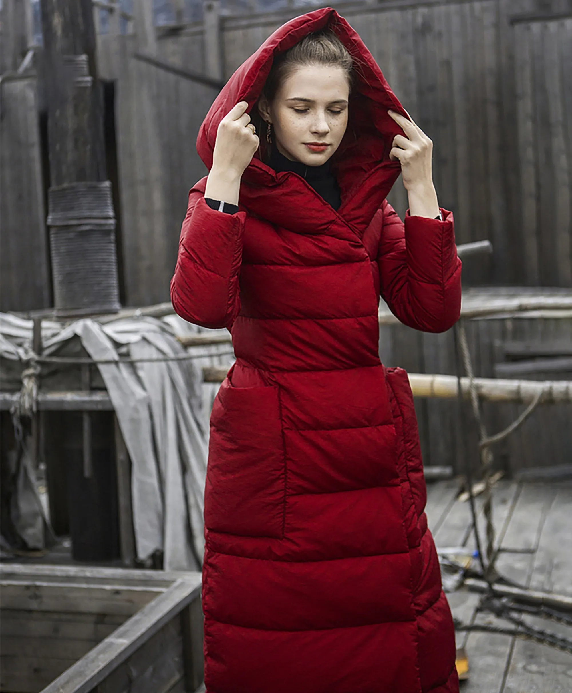 Hooded Belted Wrap Long Down Puffer Coat