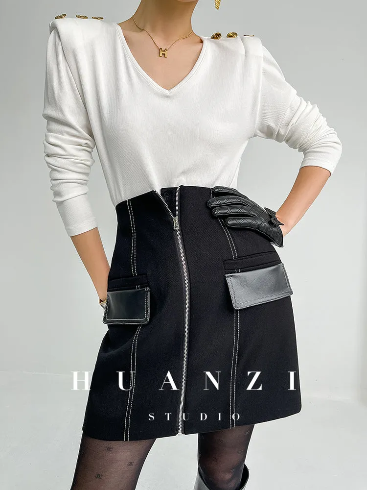 Huanzi  Autumn winter foreign style zipper high-waist skirt - Riwre