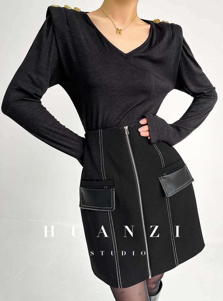 Huanzi  Autumn winter foreign style zipper high-waist skirt - Riwre