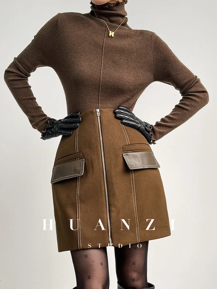 Huanzi  Autumn winter foreign style zipper high-waist skirt - Riwre