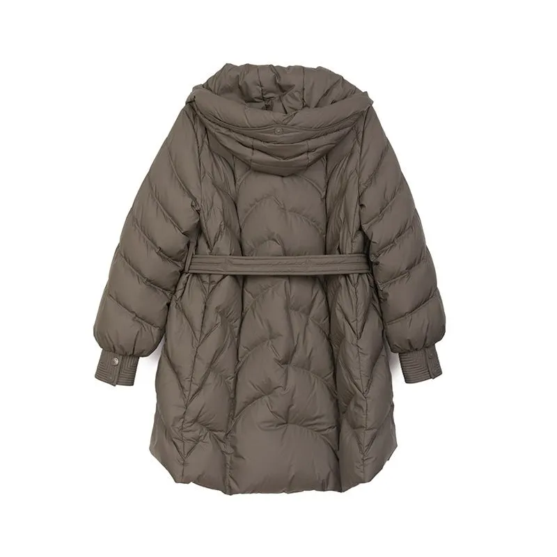 Khaki Gray Mid Length Belted Women Down Jacket