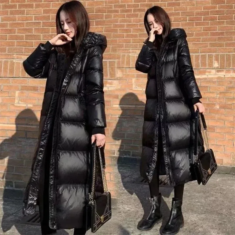 Korean Lady Long Bright Puffer Coat Autumn Winter Female Large Size 4XL Warm Down Cotton Jacket 2024 Women Black Parka Sown Wear