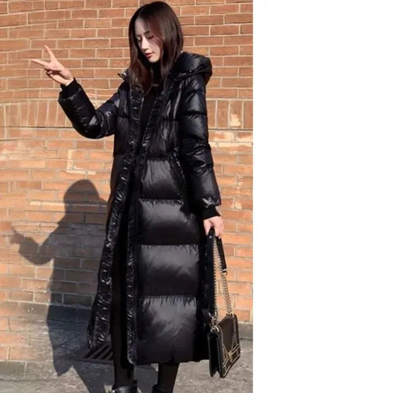 Korean Lady Long Bright Puffer Coat Autumn Winter Female Large Size 4XL Warm Down Cotton Jacket 2024 Women Black Parka Sown Wear