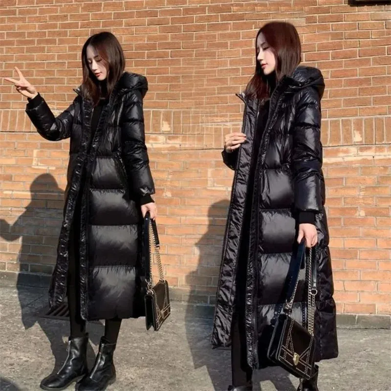 Korean Lady Long Bright Puffer Coat Autumn Winter Female Large Size 4XL Warm Down Cotton Jacket 2024 Women Black Parka Sown Wear