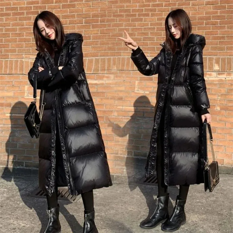 Korean Lady Long Bright Puffer Coat Autumn Winter Female Large Size 4XL Warm Down Cotton Jacket 2024 Women Black Parka Sown Wear