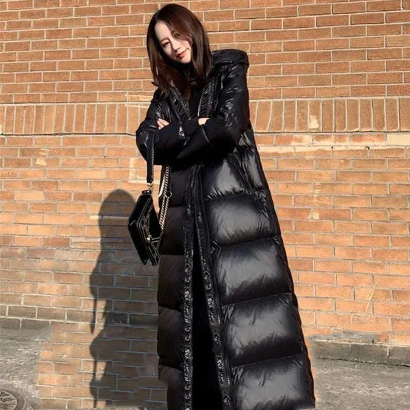 Korean Lady Long Bright Puffer Coat Autumn Winter Female Large Size 4XL Warm Down Cotton Jacket 2024 Women Black Parka Sown Wear