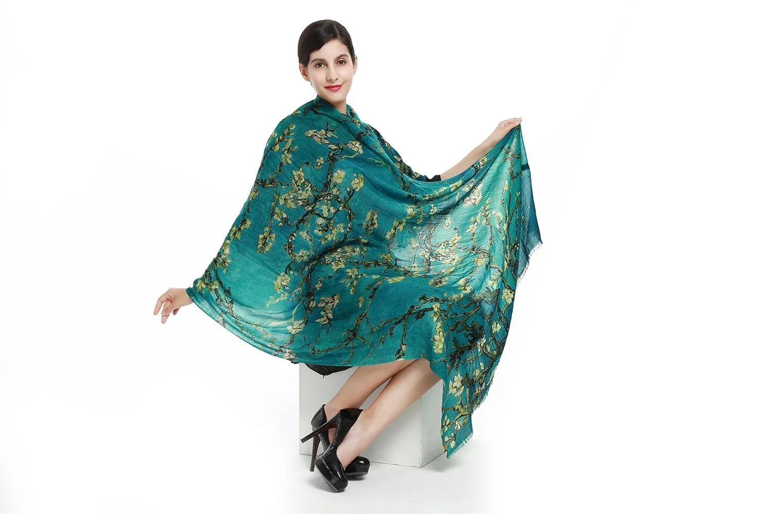 Luxurious Extra Wide 100% Cashmere Scarf & Wrap Emerald Floral Print CSH216