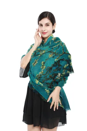 Luxurious Extra Wide 100% Cashmere Scarf & Wrap Emerald Floral Print CSH216