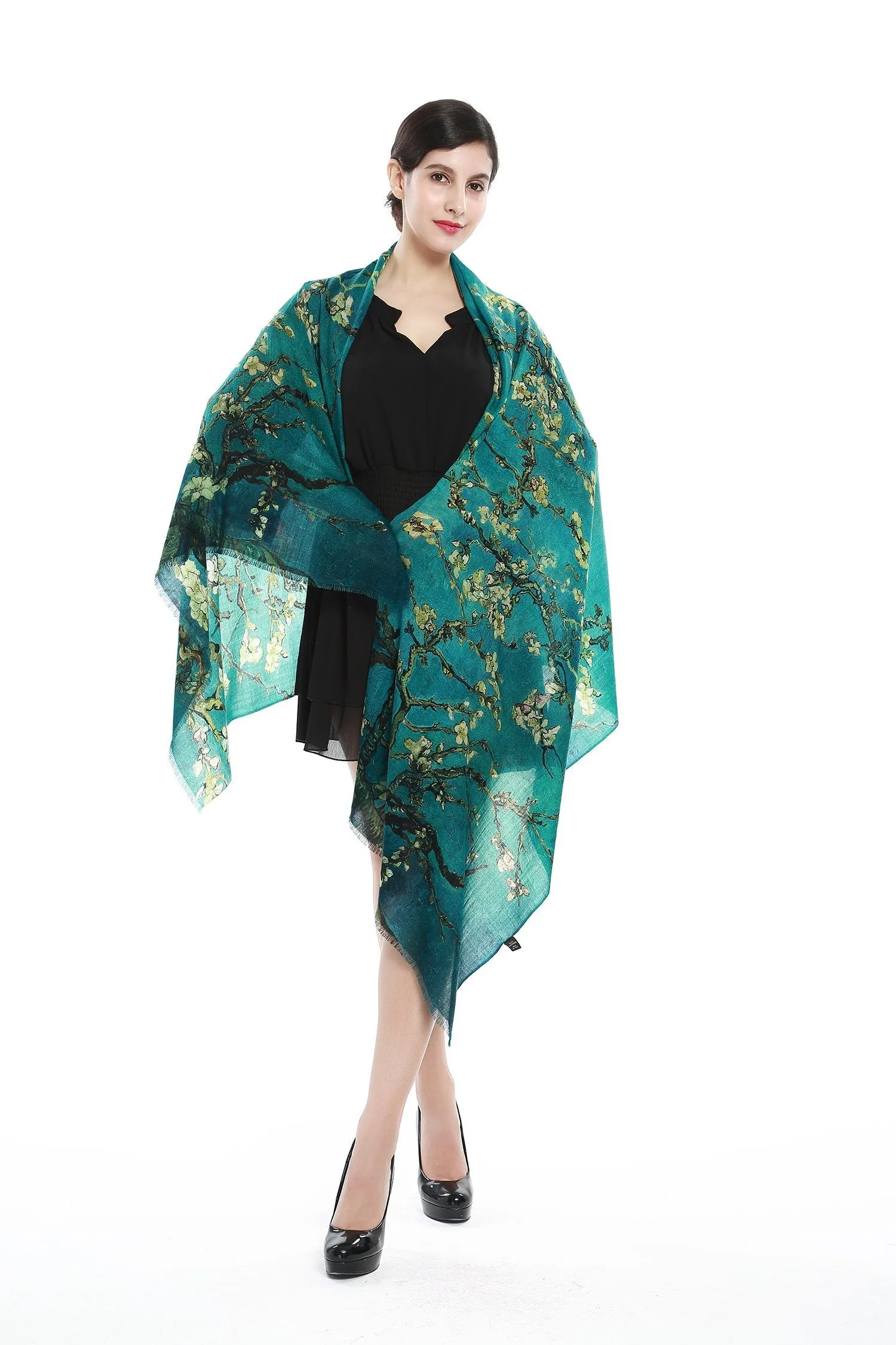 Luxurious Extra Wide 100% Cashmere Scarf & Wrap Emerald Floral Print CSH216