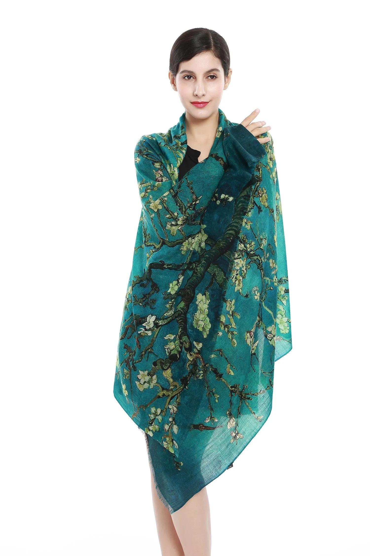 Luxurious Extra Wide 100% Cashmere Scarf & Wrap Emerald Floral Print CSH216