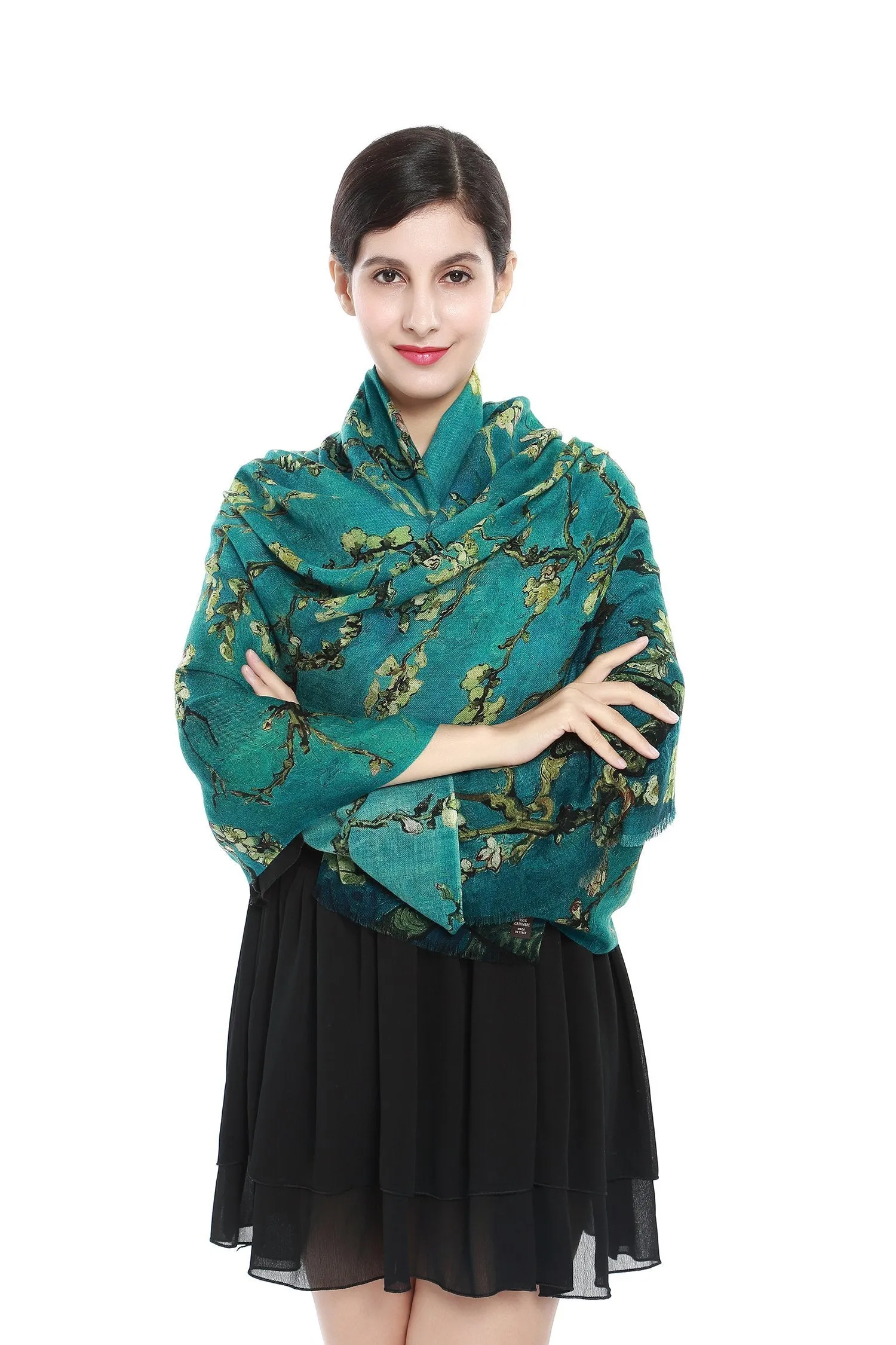 Luxurious Extra Wide 100% Cashmere Scarf & Wrap Emerald Floral Print CSH216