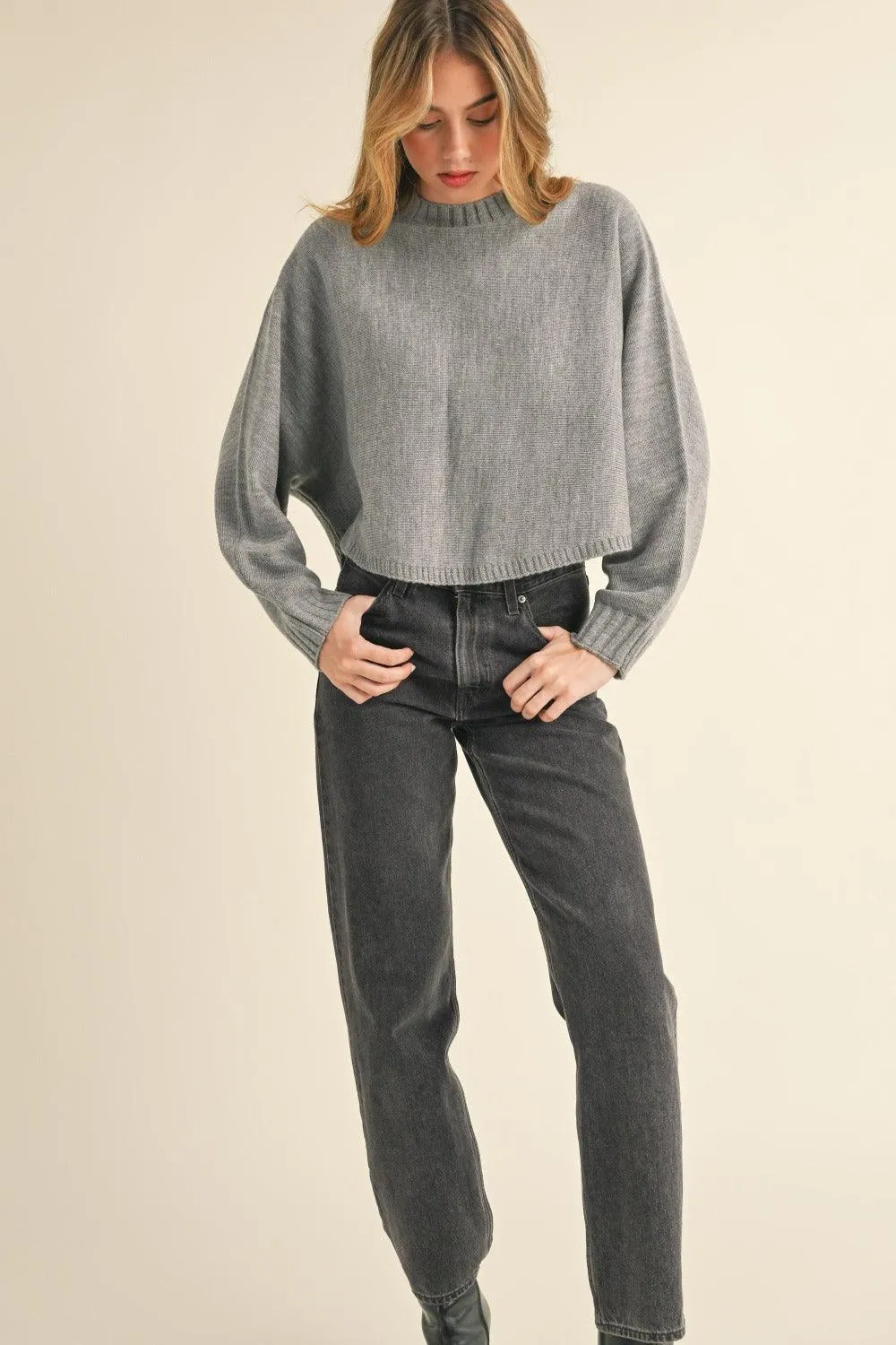 Mable Gray Sweater Round Neck Dolman Sleeve Cropped Basic Style