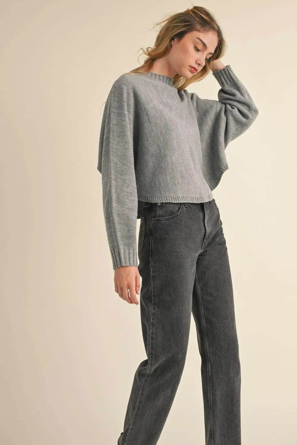 Mable Gray Sweater Round Neck Dolman Sleeve Cropped Basic Style