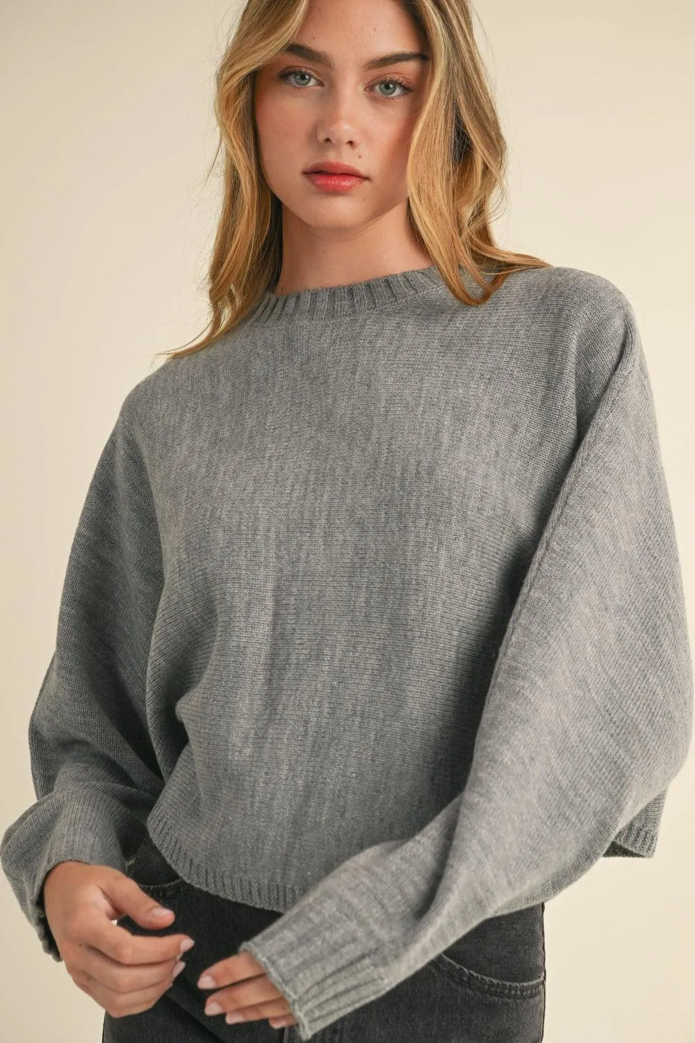 Mable Gray Sweater Round Neck Dolman Sleeve Cropped Basic Style