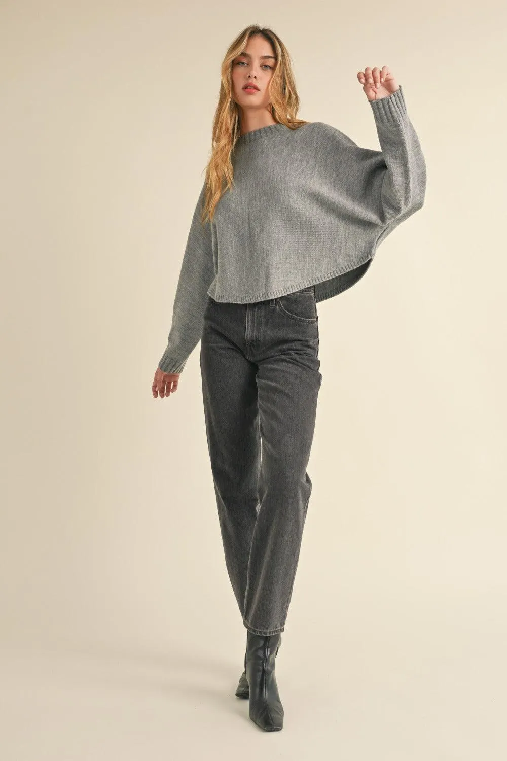 Mable Gray Sweater Round Neck Dolman Sleeve Cropped Basic Style