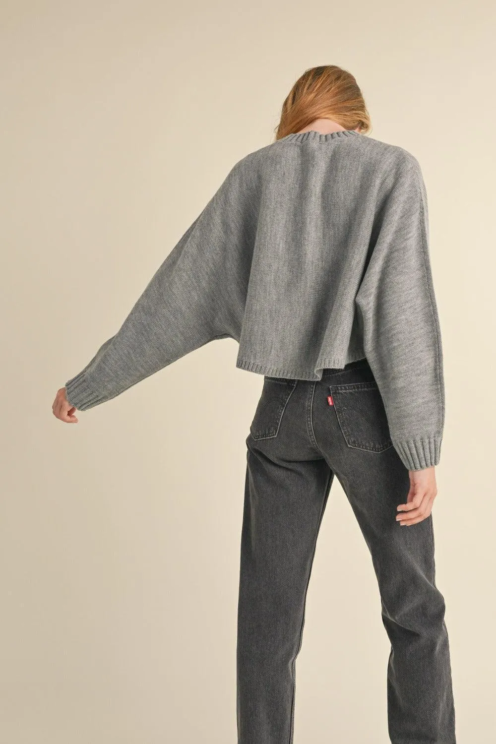 Mable Gray Sweater Round Neck Dolman Sleeve Cropped Basic Style