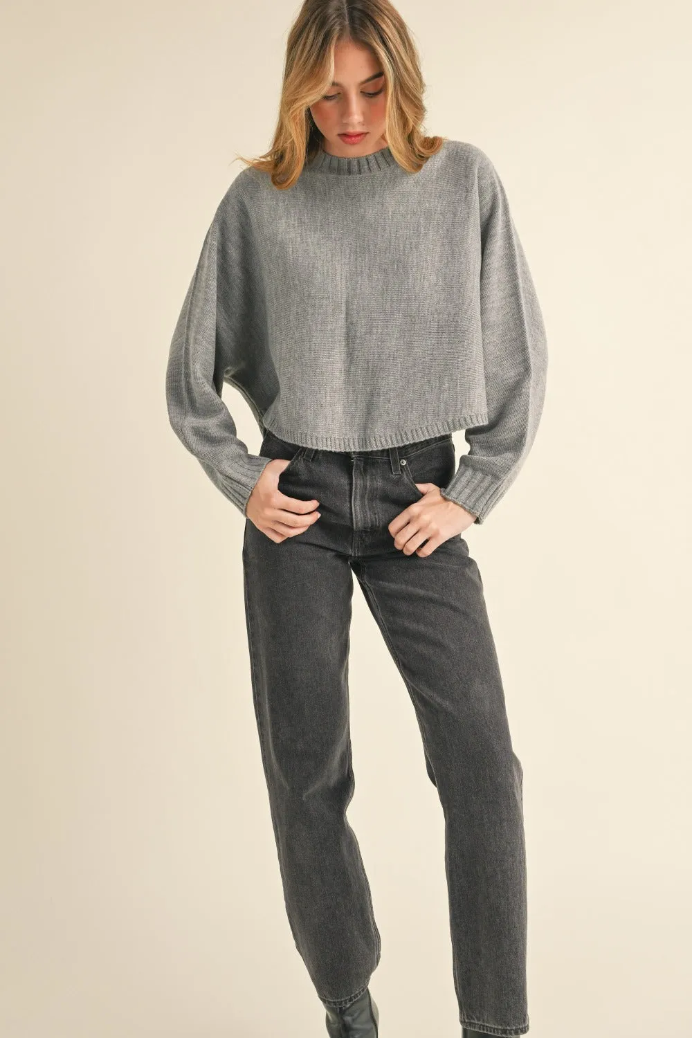 Mable Round Neck Dolman Sleeve Cropped Sweater