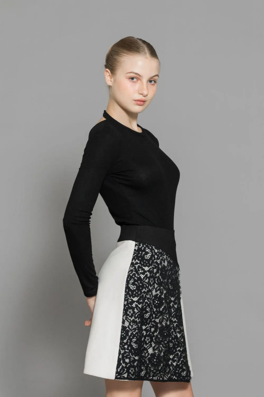 Maddie A-line Contrasting Waistband Wool Mini Skirt