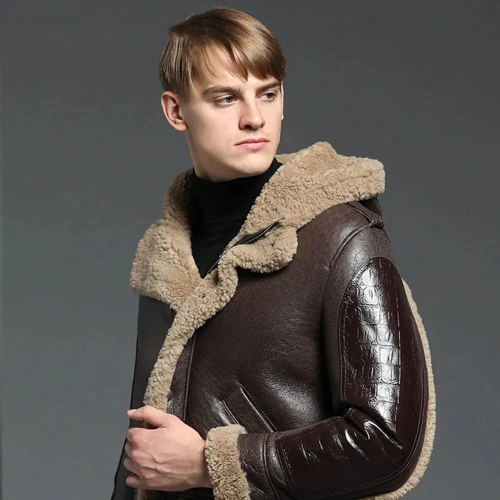 Men's B3 Shearling Jacket - Winter Leather Long Thick Coat