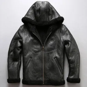 Men's Black Shearling Sheepskin Fur Hooded Coat