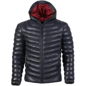 Mens Bubble Puffer Leather Jacket In Blue With Hood