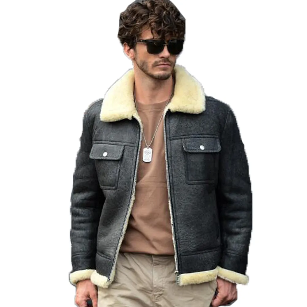 Men's Grey Shearling Flight Jacket Sheepskin Coat