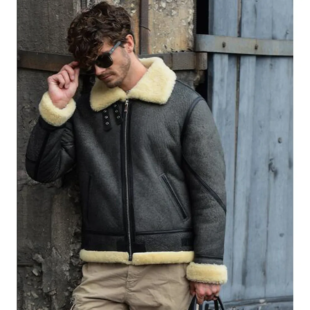 Men's Shearling Jacket Lapel Collar Sheepskin Coat