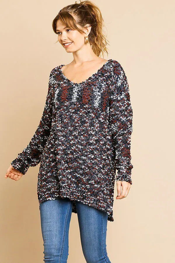 Multi Color Long Sleeve V-neck Soft Knit Pullover