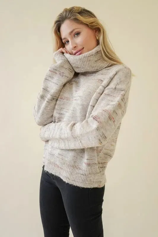 Oatmeal Textured Turtleneck Pullover Sweater