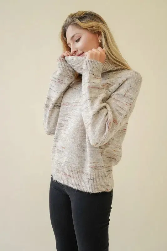 Oatmeal Textured Turtleneck Pullover Sweater