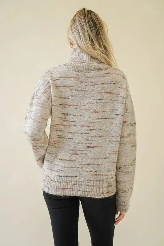 Oatmeal Textured Turtleneck Pullover Sweater