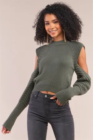 Olive Knit Ribbed Neck Long Pleated Sleeve Cut-Out Detail Cropped Sweater /4-2